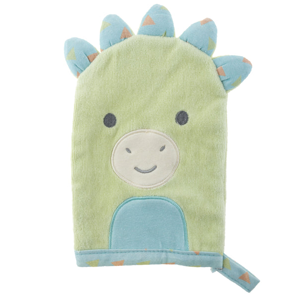 Dino bath mitts for baby front view.