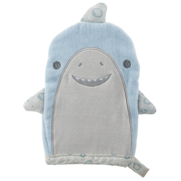 Shark bath mitts for baby front view. 