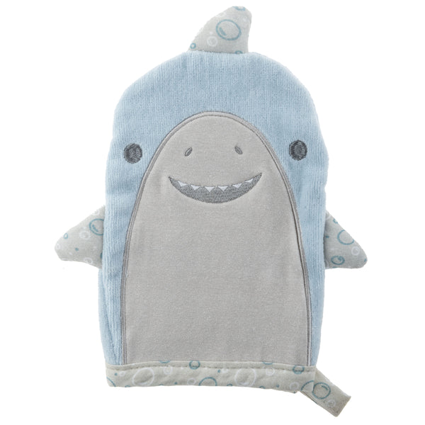 Shark bath mitts for baby front view.