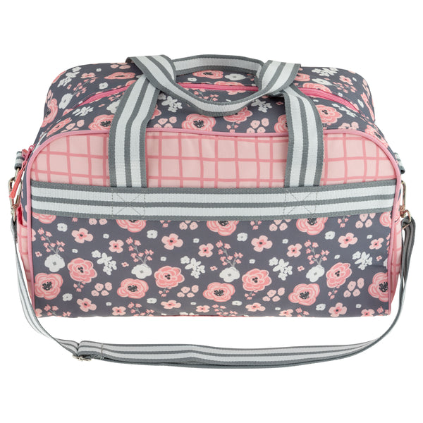 Charcoal flower duffle bag front view