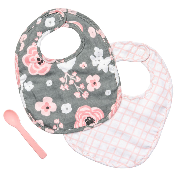 Charcoal flower muslin bib set