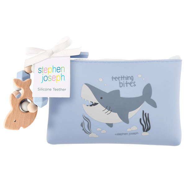 Shark silicone teether with pouch packaged view
