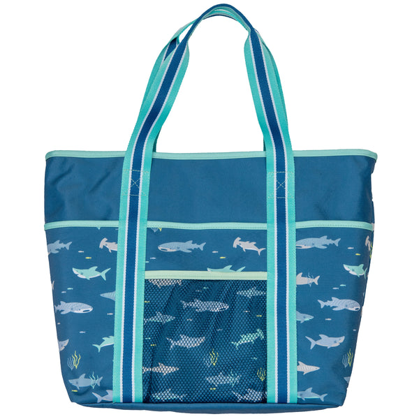 Shark printed beach tote front view
