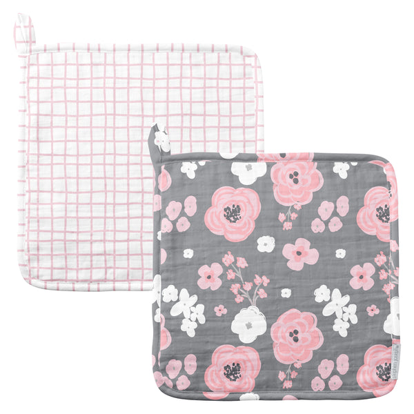Charcoal flower muslin washcloth sets