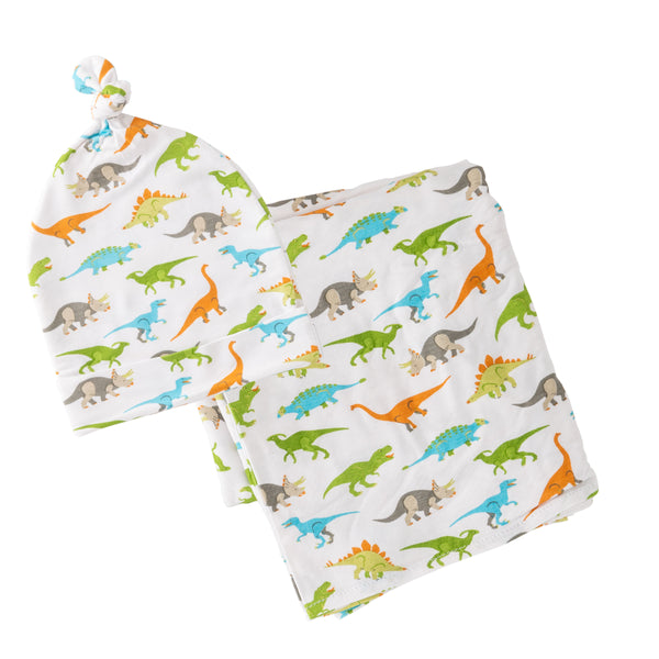Dinosaur bamboo blanket and beanie.