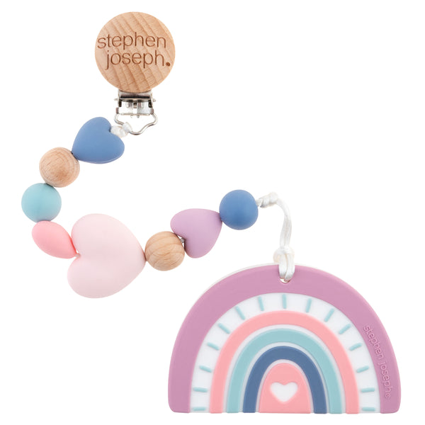 Rainbow silicone teether with pacifier clip