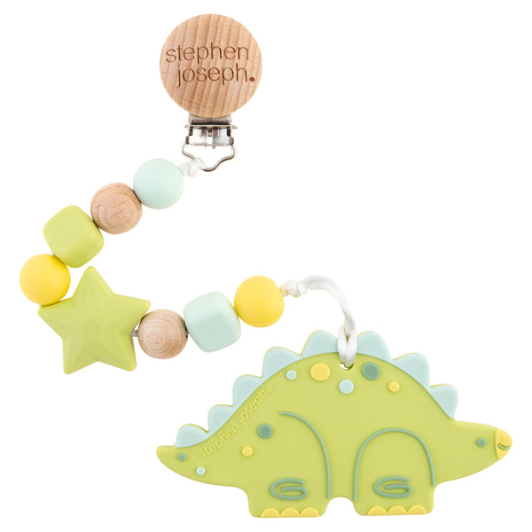 Dino silicone teether with pacifier clip