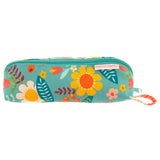 Turquoise floral all over print pencil pouch front view.