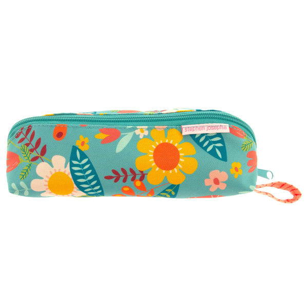 Turquoise floral all over print pencil pouch front view. 