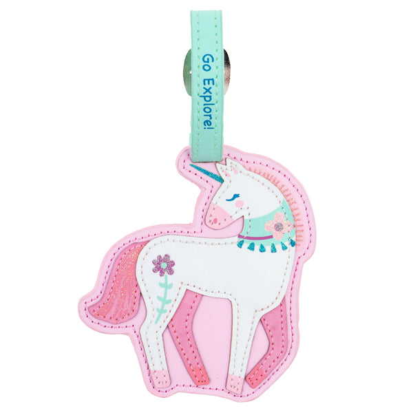 Pink unicorn luggage tag front view