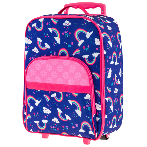 Rainbow all over print luggage back  view.