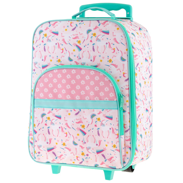 Unicorn all over print luggage back view.