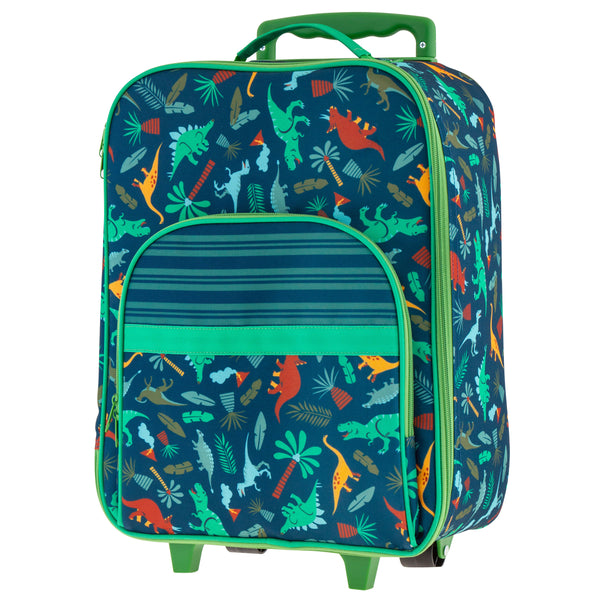 Dino all over print luggage back view.