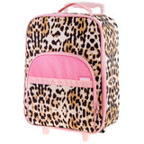 Leopard all over print luggage back view.