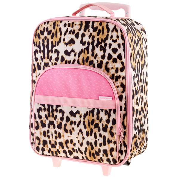 Leopard all over print luggage back view. 
