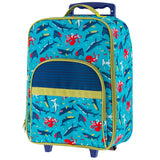 Shark all over print luggage back view.