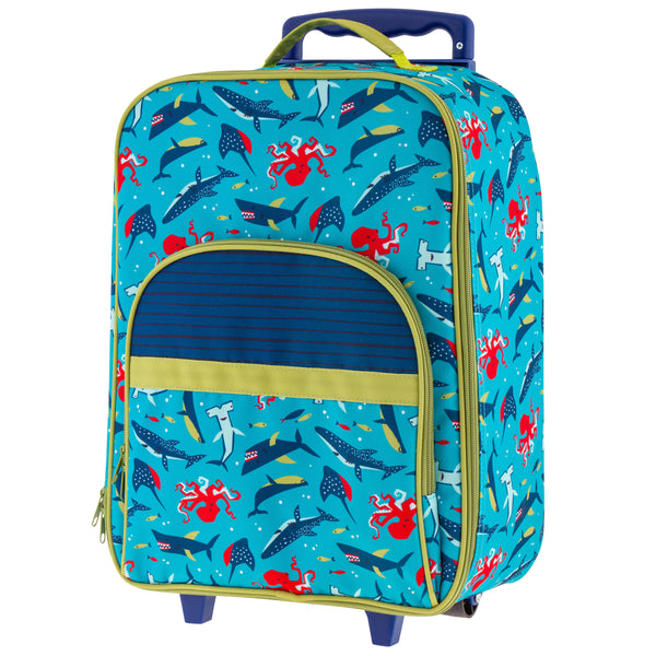 Shark all over print luggage back view.