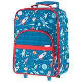 Space all over print luggage back view.