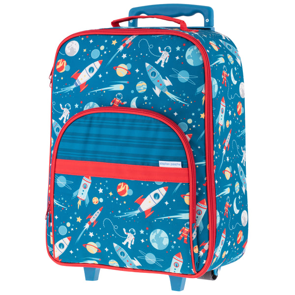 Space all over print luggage back view.