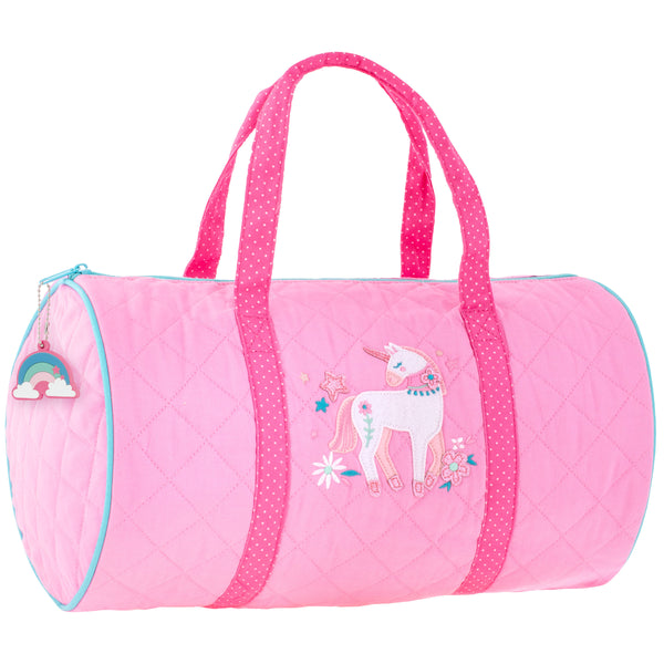 Pink unicorn quilted duffle front view