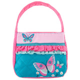 Blue butterfly quilted purse front view