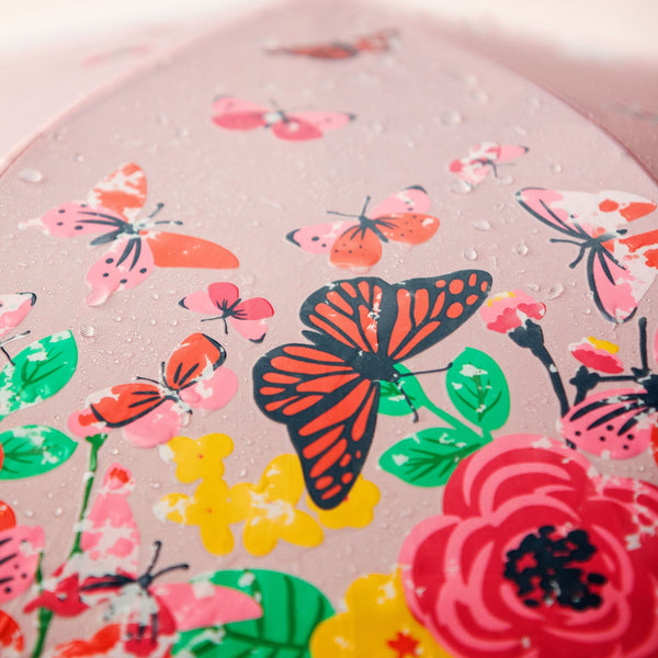 Butterfly floral color changing umbrella close up.