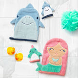 Bath mitts with finger puppets mermaid and shark in bathroom.