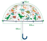 Dino clear color changing umbrella infographic showing the dimensions