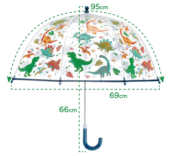 Dino clear color changing umbrella infographic showing the dimensions