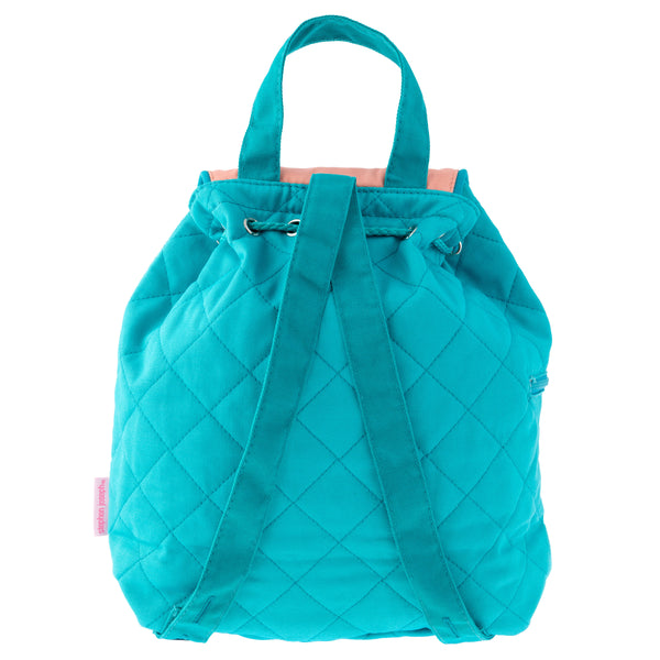 Turquoise floral quilted backpack back view