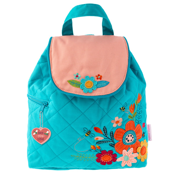 Turquoise floral quilted backpack front view