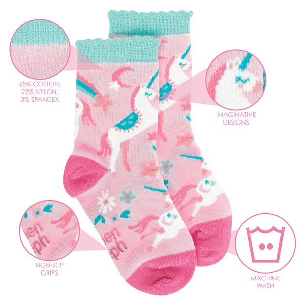 Rainbow unicorn toddler socks details view