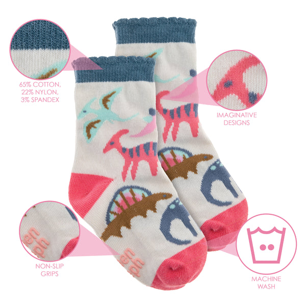 Pink dino toddler socks details view