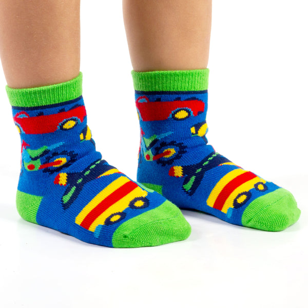 Child wearing transportation toddler socks