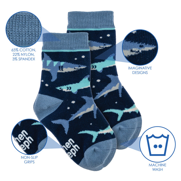 Navy shark toddler socks details view