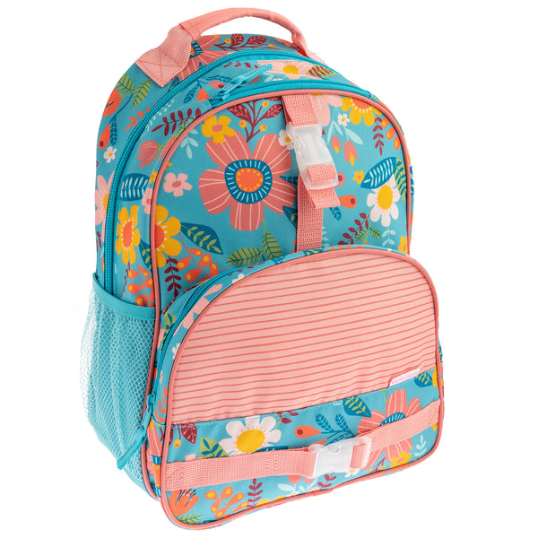 Turquoise floral all over print backpack front view