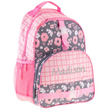 Charcoal flower all over print backpack personalization example 