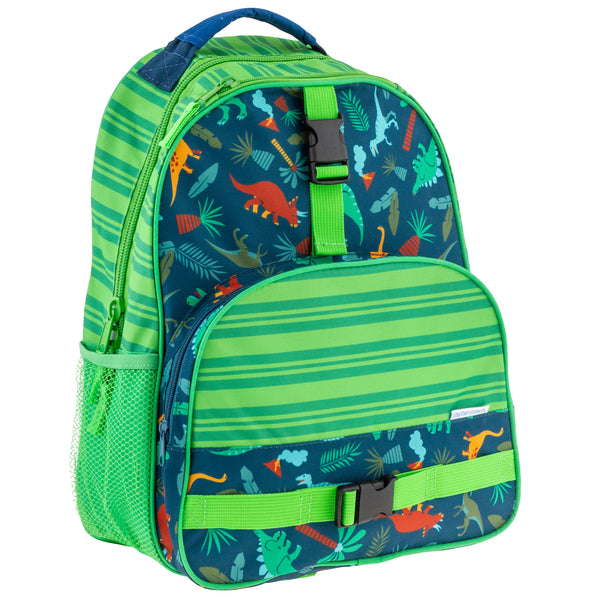 Green dino all over print backpack front view