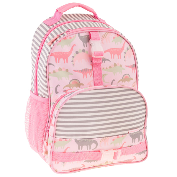 Pink dino all over print backpack front view