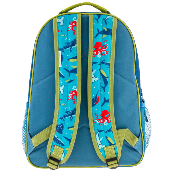 Blue shark all over print backpack back view