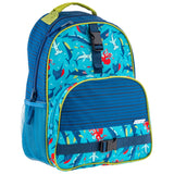 Blue shark all over print backpack front view