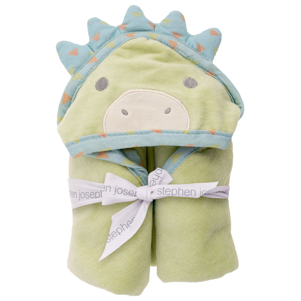 Dino hooded bath towel for baby packaged view