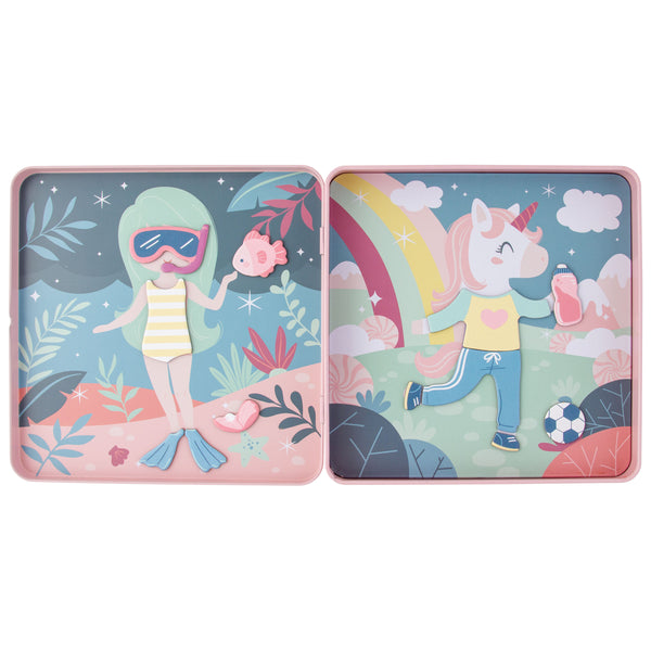 Unicorn and mermaid travel tin magnetic dress up open view