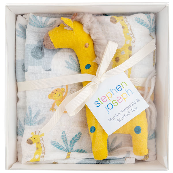 Giraffe blanket and stuffed animal packaging view.
