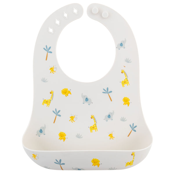 Zoo all over print silicone bib front view.