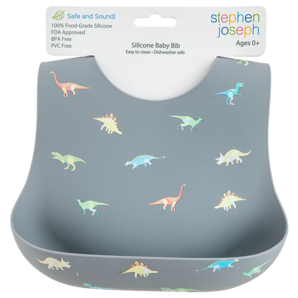 Dino all over print silicone bib packaging view.