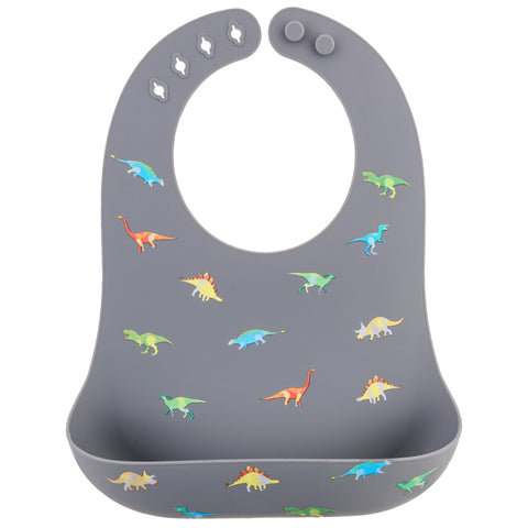 Dino all over print silicone bib front view.