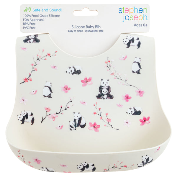 Panda all over print silicone bib packaged view.