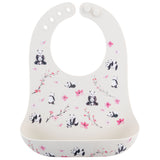 Panda all over print silicone bib front view.