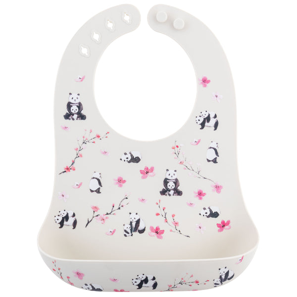 Panda all over print silicone bib front view.
